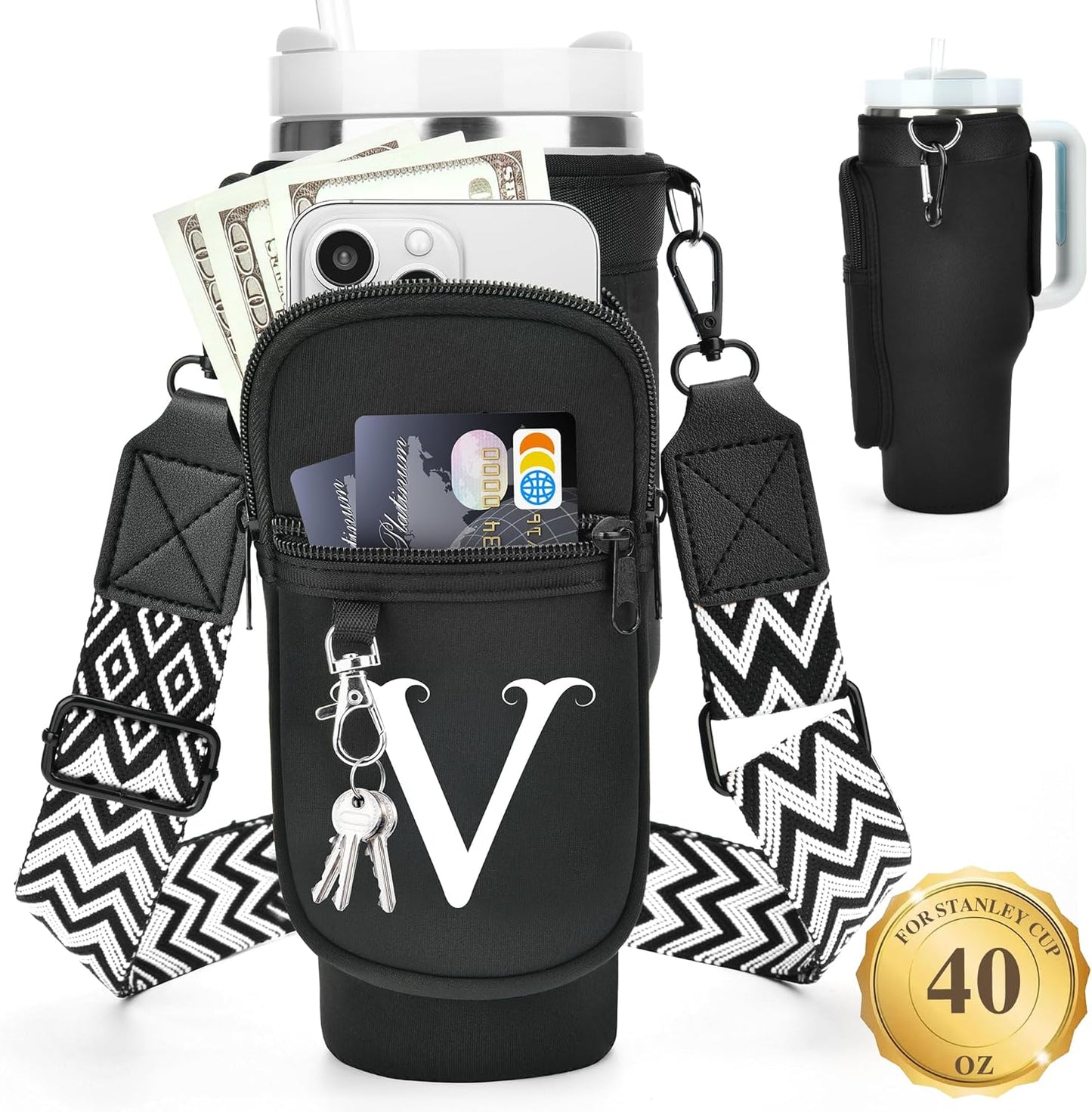 LOKASS Personalized Water Bottle Holder with Strap for Stanley Cup Accessories 40 oz, Initial for Stanley Cup Holder Carrier Bag with Phone Pocket, Stylish Tumbler Accessories for Daily Use Hands-Free