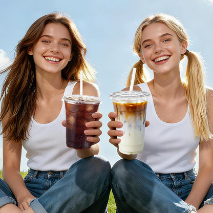 25 Pack 16 oz Clear Plastic Cups with Lids and Straws, Leak-Proof Disposable Iced Coffee Cups, BPA-Free PET Cold Drink Tumblers for Smoothie, Tea and Juice, Crystal Clear To Go Cups
