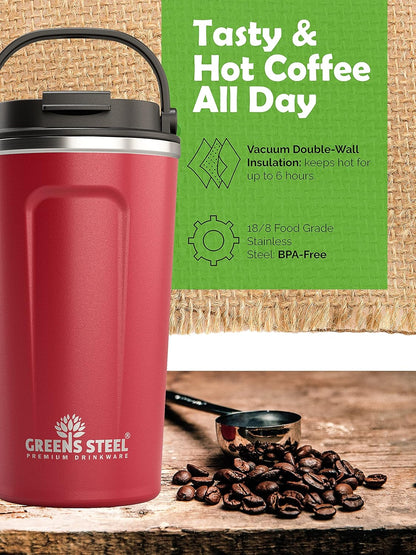 Reusable Coffee Cup with Lid and Handle - Stainless Steel Insulated Coffee Mug for Hot & Cold Drinks - Ideal Travel Mugs - 100% Leak-Proof Tumbler - 16 oz Black