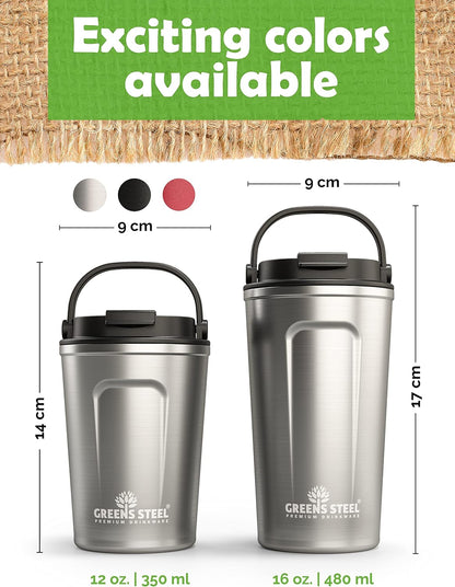 Reusable Coffee Cup with Lid and Handle - Stainless Steel Insulated Coffee Mug for Hot & Cold Drinks - Ideal Travel Mugs - 100% Leak-Proof Tumbler - 16 oz Black