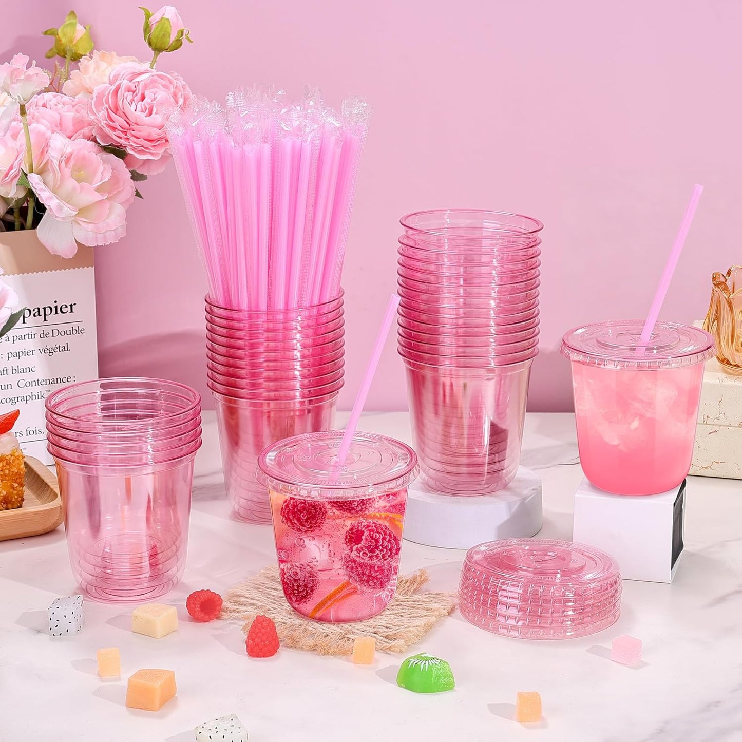 tchrules 100 Set 16oz Plastic Cups with Lids and Straws, Disposable Clear Iced Coffee Cup with Lid, Round Bottom Plastic To Go Cups for Cold Drinks Slushie Smoothie Lemonade Matcha Party Shop Supplies
