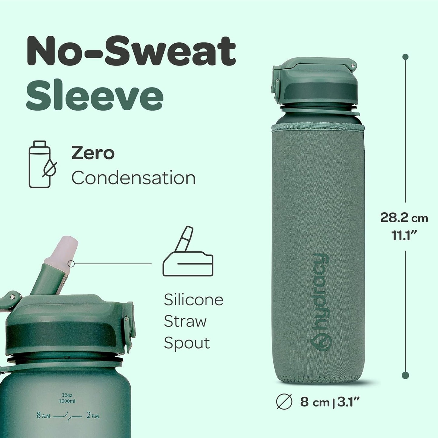 Hydracy Water Bottle with Time Marker -Large BPA Free Water Bottle & No Sweat Sleeve -Leak Proof Gym Bottle with Times to Drink - Ideal for Fitness Sports & Outdoors