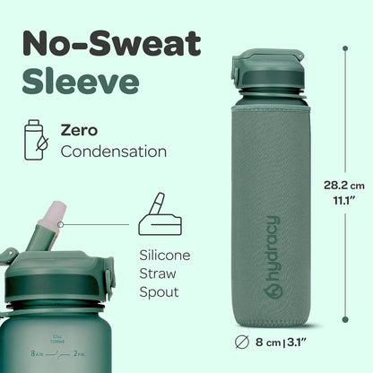Hydracy Water Bottle with Time Marker -Large BPA Free Water Bottle & No Sweat Sleeve -Leak Proof Gym Bottle with Times to Drink - Ideal for Fitness Sports & Outdoors