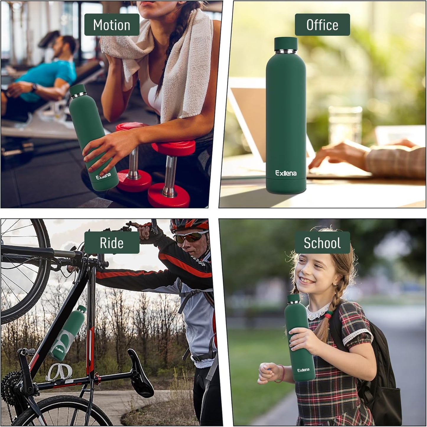 Exllena Slim Insulated Water Bottles for Travel 18oz with Clip, Double Wall Vacuum Stainless Steel Water Bottle Keeps Drinks Cold 24 Hrs/Hot 12 Hrs, 100% Leakproof, BPA Free(Black)