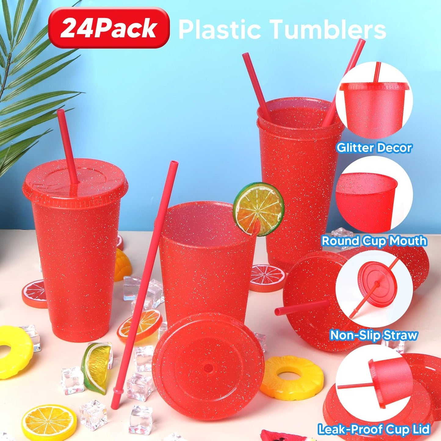 24 Pack Plastic Tumblers with Lids and Straw, Reusable Cups with Lids and Straws Colorful Cups for Cold Drink Iced Coffee, Plastic Tumbler Bulk for Party Birthday Gifts (24 oz, Stylish Colors)