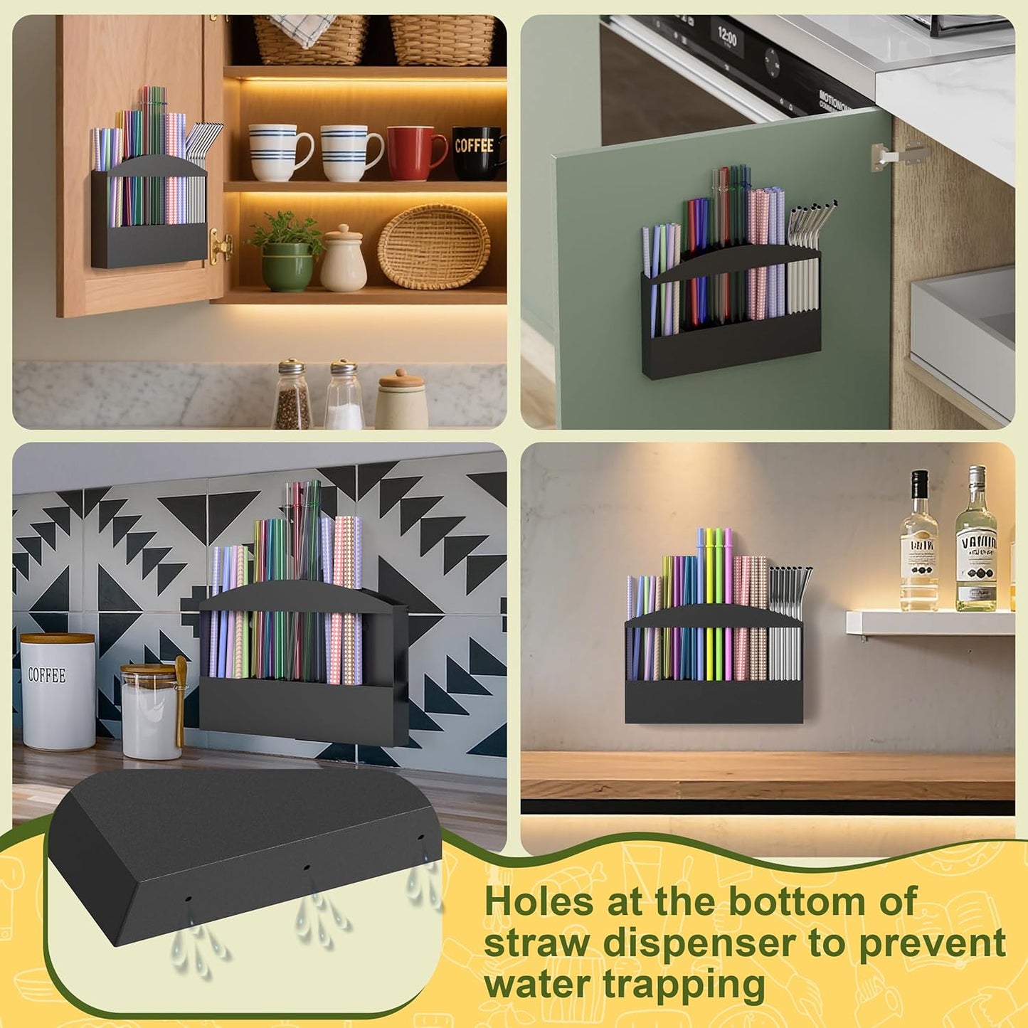MyLifeUNIT Straw Holder for Cabinet Door, Metal Straw Dispenser Organizer Wall Mount with Double Sided Adhesive Tape, Compatible with Tumbler Straws and Coffee Stirrers
