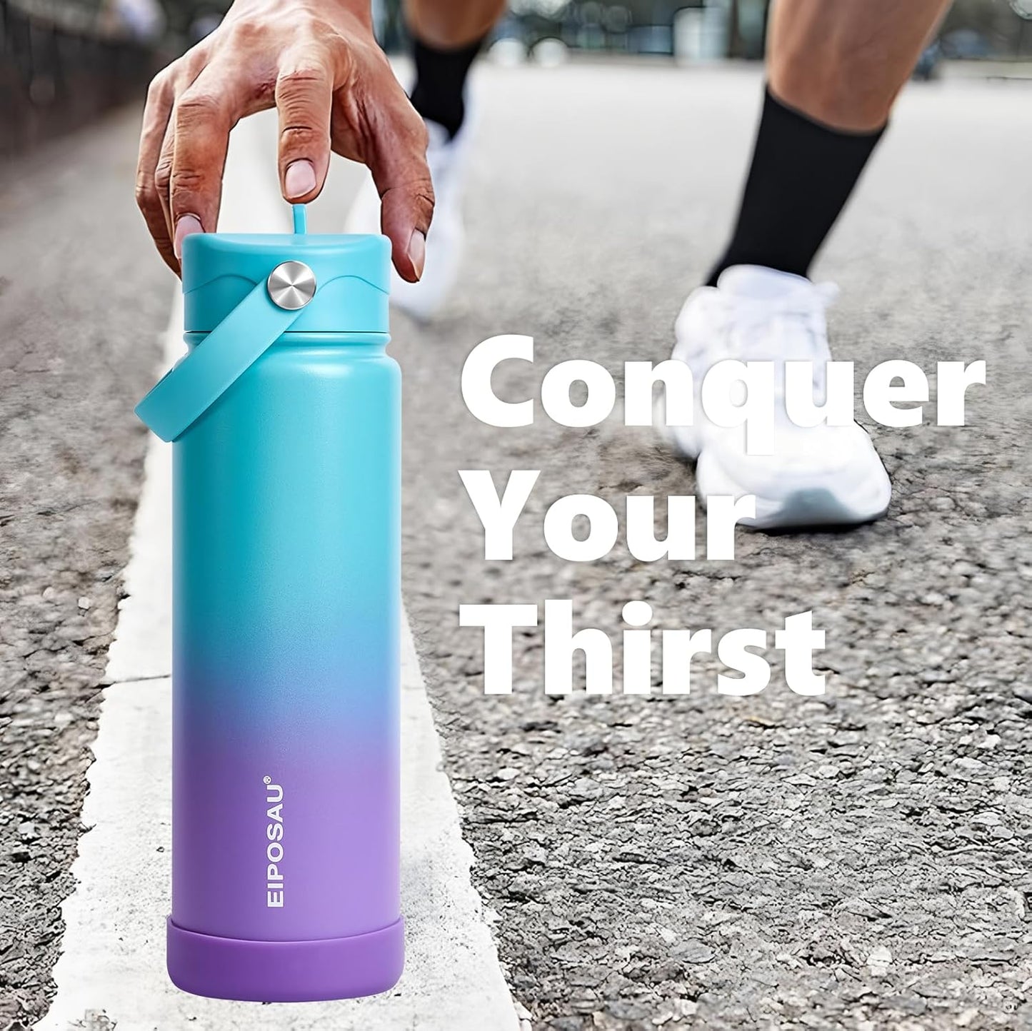 Insulated Water Bottle with Lid & Boot & Stickers, 24 oz Stainless Steel Sweat Free Bottle Keep Cold 24H, BPA-Free Sports Wide Mouth Water Bottle, BlueBlack