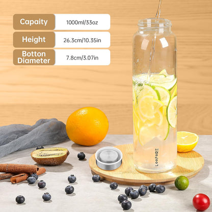 32 oz Glass Water Bottle with Straw - Reusable Eco Friendly Bpa Free - Borosilicate Glass Water Bottles with 2 Lids & Neoprene Sleeve - for Gym, Sports & Workout, Daily - 1 Pack