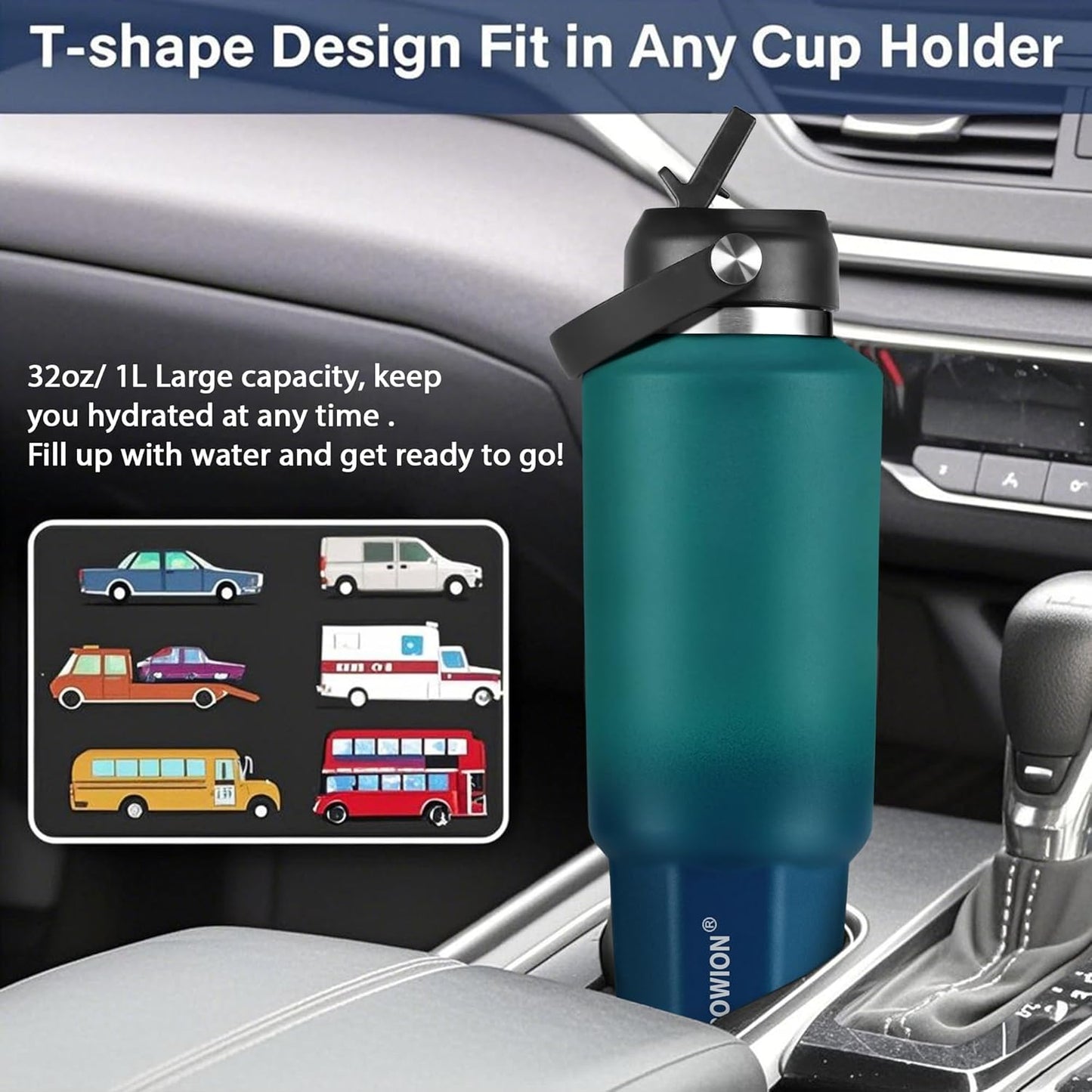HYDROWION 32oz Stainless Steel Water Bottle(Cold for 48 Hrs, Hot for 24 Hrs),Double Wall Vacuum Insulated Water Bottle with Straw Lid, Spout Lid and Flex Cap, Fit in Any Car Cup Holder,Black