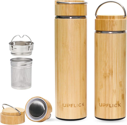 Bamboo Water Bottle Insulated Tea Tumbler for Men Birthday Gift, Women Travel Tea Set with Diffuser for Loose Tea Leaves, Stainless Steel Leak Proof Gift for Mom (15 oz)