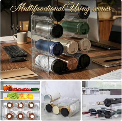 Stackable Water Bottle Organizer for Cabinet, Plastic Bottle Holder Designed for Starbucks Studded Tumblers up to 40oz, Plastic Cup Holder&Wine Rack for Pantry,Cupboard- 2 Layers Hold 6 Bottles