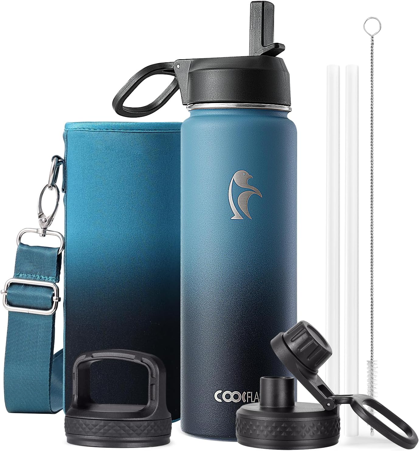 Half Gallon Water Bottle Insulated with Straw & 3 Lids, Coolflask 64 oz Water Jug Large Metal Stainless Steel Wide Mouth for Sports, Gym or Office, Non-BPA Keep Cold 48H Hot 24H, Samurai Cyan