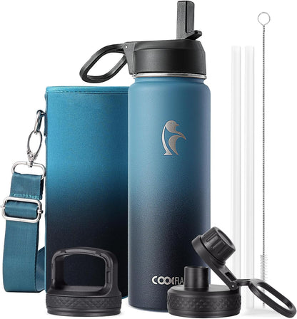 Half Gallon Water Bottle Insulated with Straw & 3 Lids, Coolflask 64 oz Water Jug Large Metal Stainless Steel Wide Mouth for Sports, Gym or Office, Non-BPA Keep Cold 48H Hot 24H, Samurai Cyan