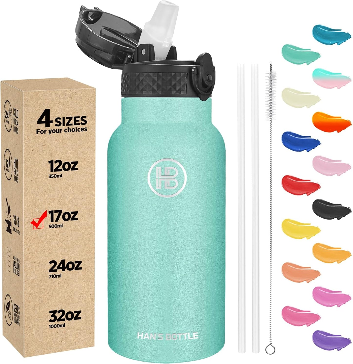 Han's Bottle Sports Water Bottle - 24 Oz, Straw Lid, Leak Proof, Vacuum Insulated Stainless Steel, Double Walled, Thermo Mug,Black