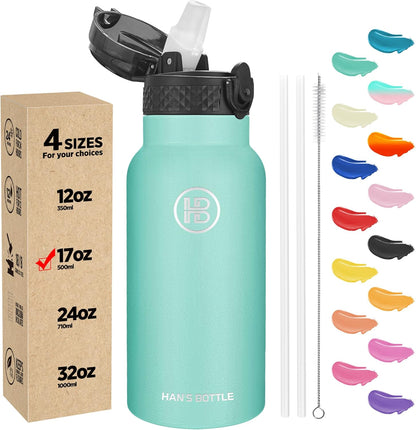 Han's Bottle Sports Water Bottle - 24 Oz, Straw Lid, Leak Proof, Vacuum Insulated Stainless Steel, Double Walled, Thermo Mug,Black