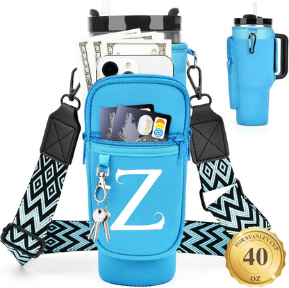 LOKASS Personalized Water Bottle Holder with Strap for Stanley Cup Accessories 40 oz, Initial for Stanley Cup Holder Carrier Bag with Phone Pocket, Stylish Tumbler Accessories for Daily Use Hands-Free