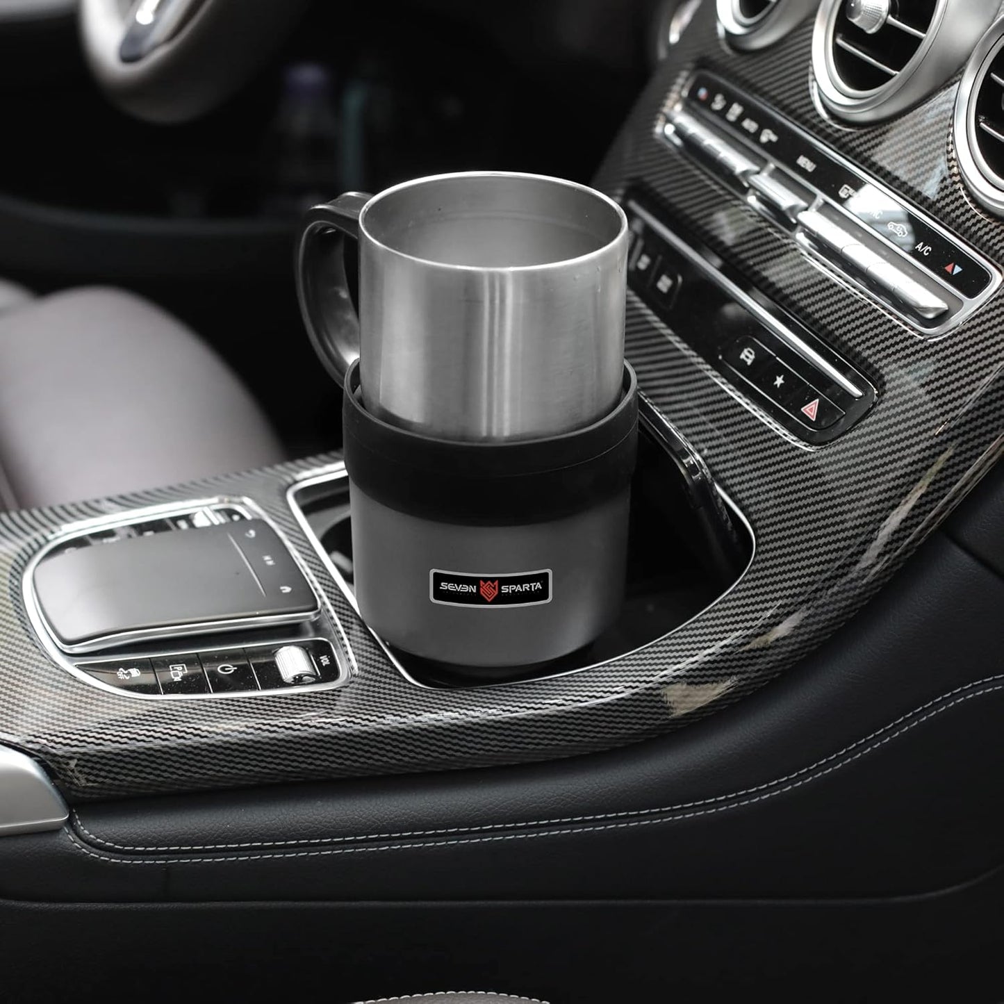 Seven Sparta Car Cup Holder Expander with Offset Adjustable Base, Compatible with Hydro Flasks 32/40 Ounce, Compatible with Yeti Ramblers 20/26/30 Ounce, Other Bottles in 3.4"-3.8" (Black)