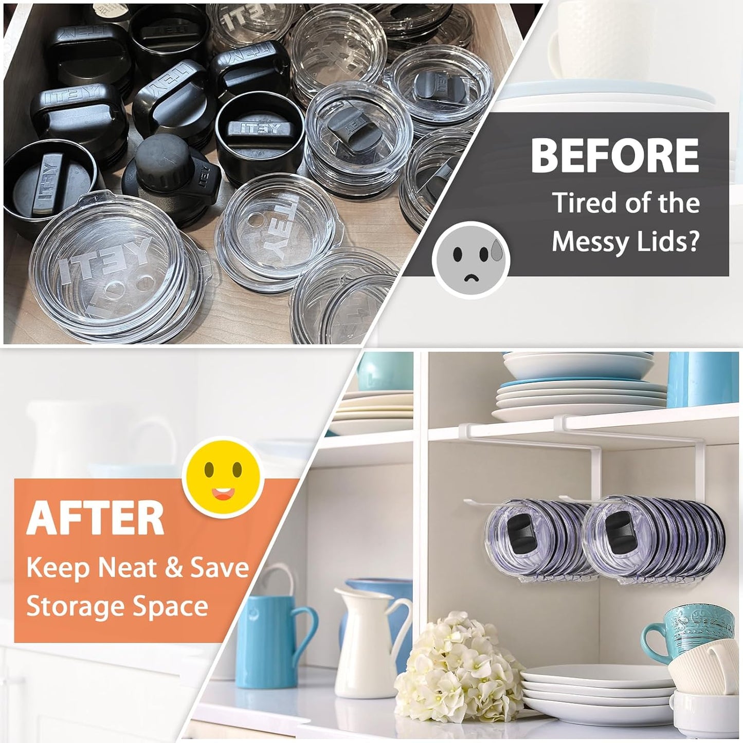 Tumbler Lid Organizer, Horizontal Tumbler Lid Storage Hook Up to 10 Lids, Space Saving Cup Lid Holders Under Cabinet Tumbler Lid Hook for Kitchen Organizer and Storage,Hanging Paper Towel Rack Hanger