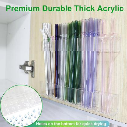 Acrylic Straw Holder for Cabinet Door 9.5”- Transparent Reusable Tumbler Straw Organizer Storage, Clear Small Kitchen Organization Accessories Container Rack, Ultra Sticky Cupboard Door Mounted