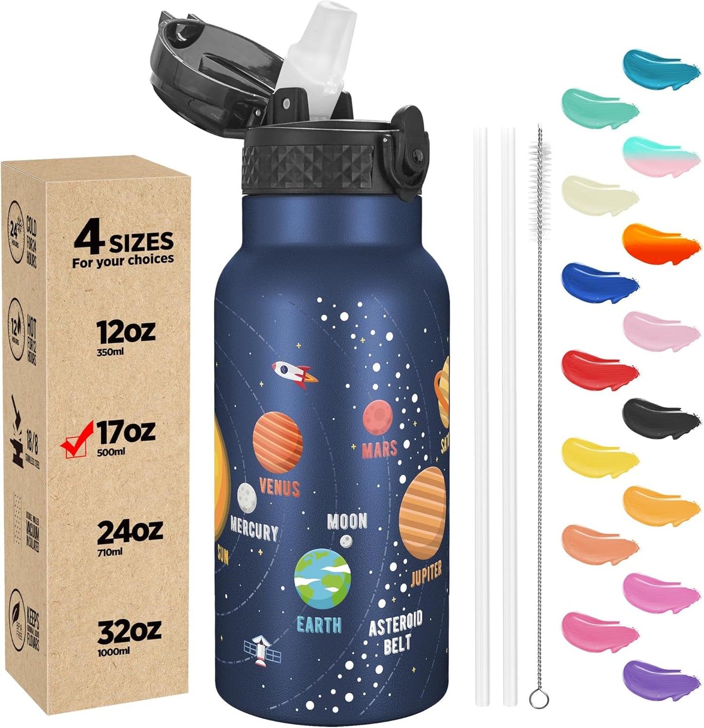Han's Bottle Sports Water Bottle - 24 Oz, Straw Lid, Leak Proof, Vacuum Insulated Stainless Steel, Double Walled, Thermo Mug,Black
