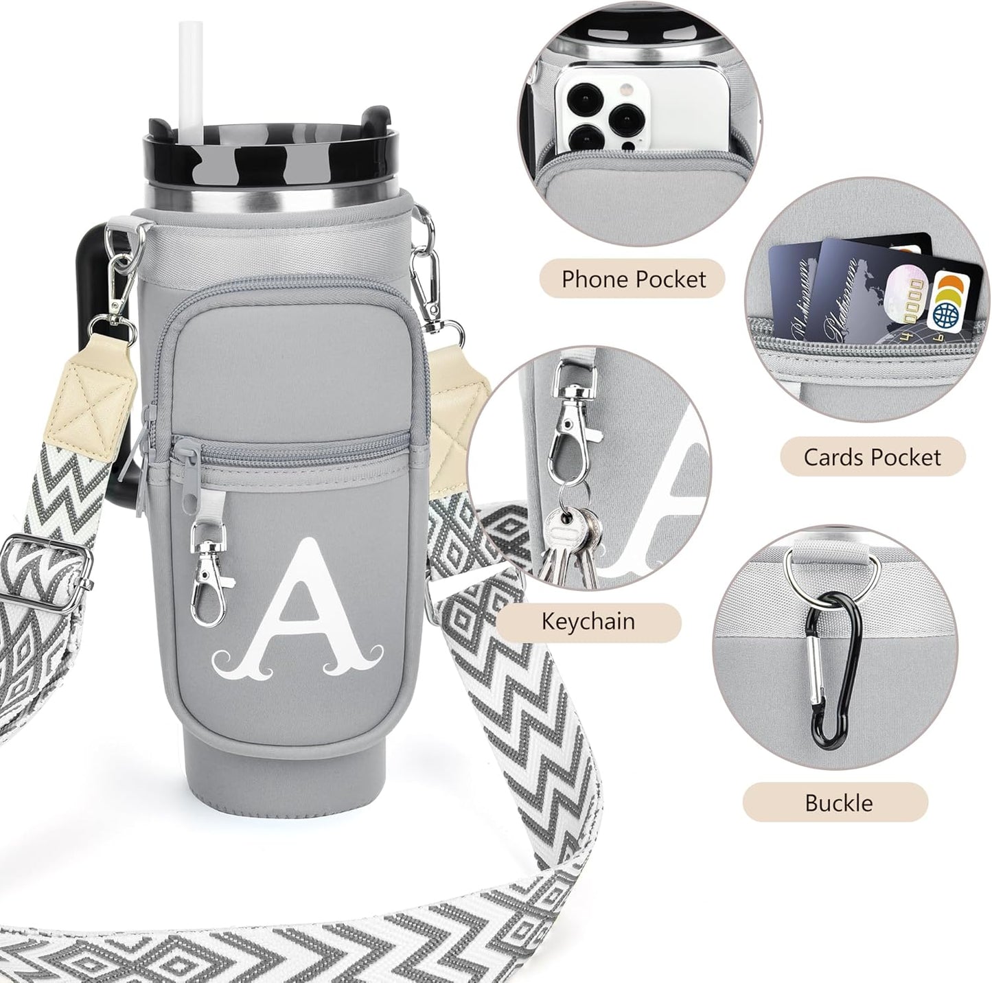 LOKASS Personalized Water Bottle Holder with Strap for Stanley Cup Accessories 40 oz, Initial for Stanley Cup Holder Carrier Bag with Phone Pocket, Stylish Tumbler Accessories for Daily Use Hands-Free