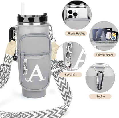 LOKASS Personalized Water Bottle Holder with Strap for Stanley Cup Accessories 40 oz, Initial for Stanley Cup Holder Carrier Bag with Phone Pocket, Stylish Tumbler Accessories for Daily Use Hands-Free