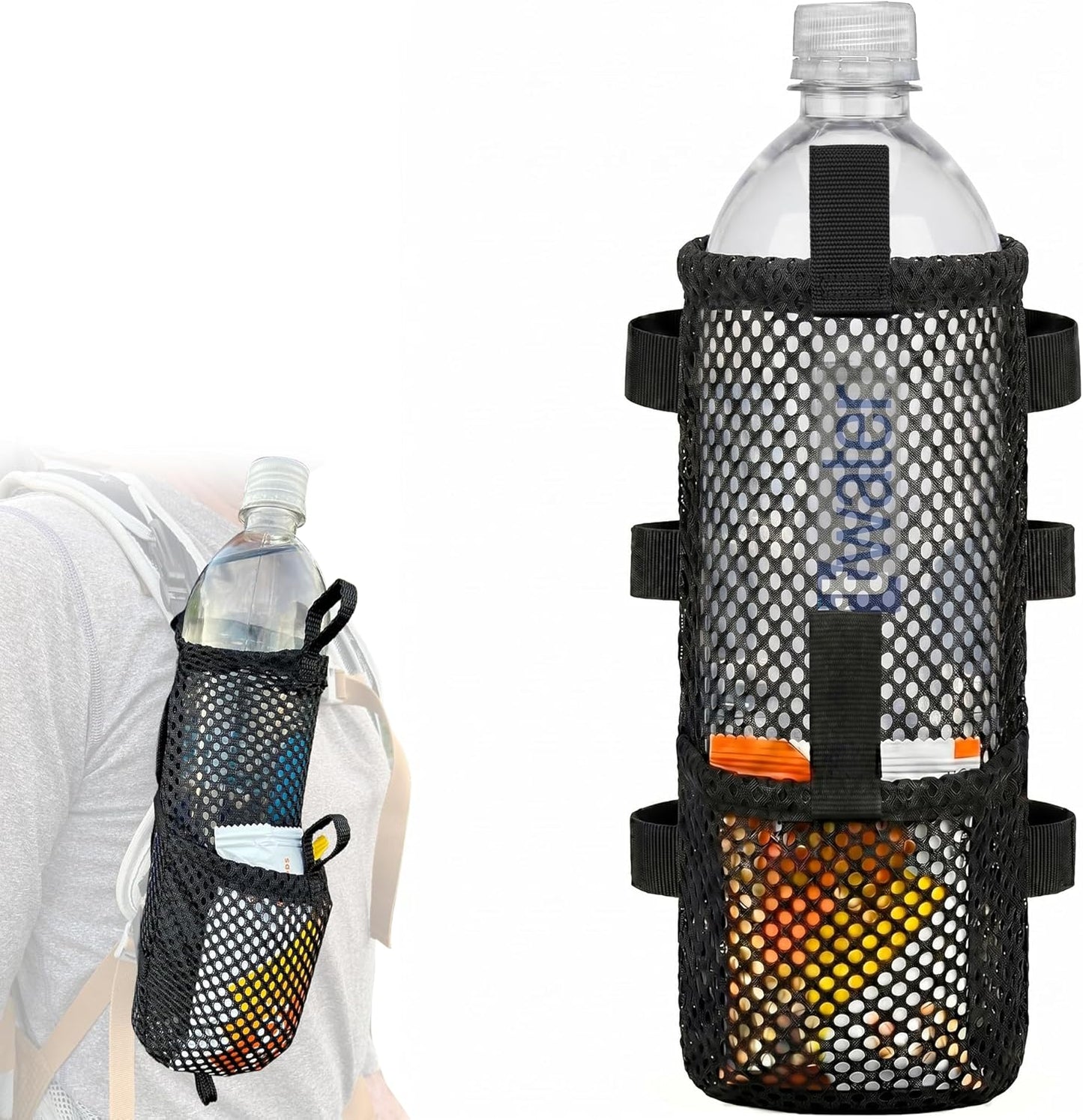 Water Bottle & Snack Holder for Backpack Shoulder Strap - Fits 1L Smartwater, Front Accessory Pouch, Ultralight 0.9 oz, Snap Hook Mount, Nylon Mesh Backpack Attachment