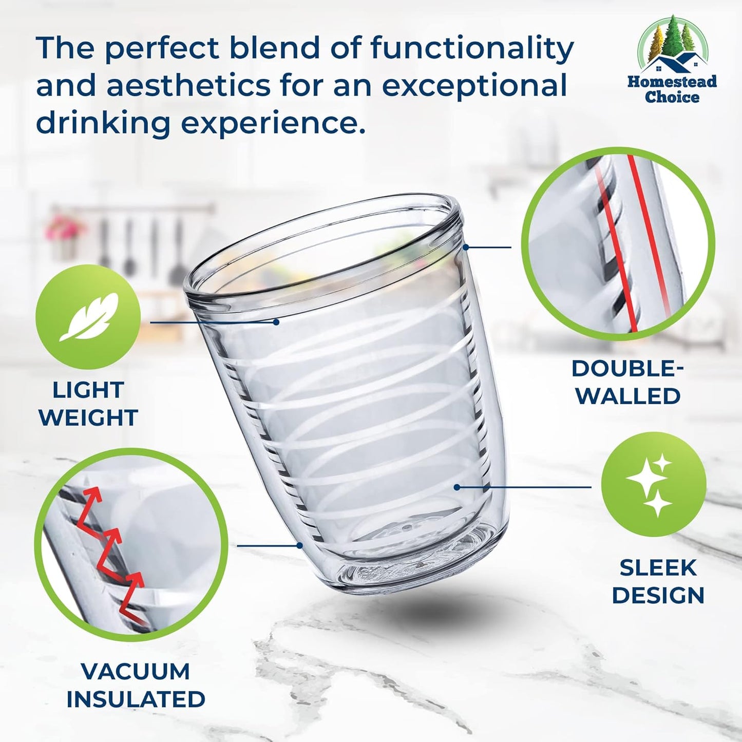 Homestead Choice 16oz Insulated Tumblers Plastic Keeps Drinks Cold & Hot, 4pack Double Walled Clear Insulated Drinking Glasses Cup, BPA-Free, Reusable, Camping, Travel, Kitchen, Party