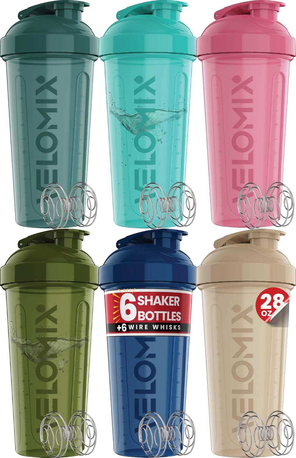VELOMIX -6 PACK- 28 oz Protein Shaker Bottle for Protein Mixes -6x Wire Whisk | Leak Proof Shaker Cups for Protein Shakes | Large, Stackable Protein Shaker Bottle Pack