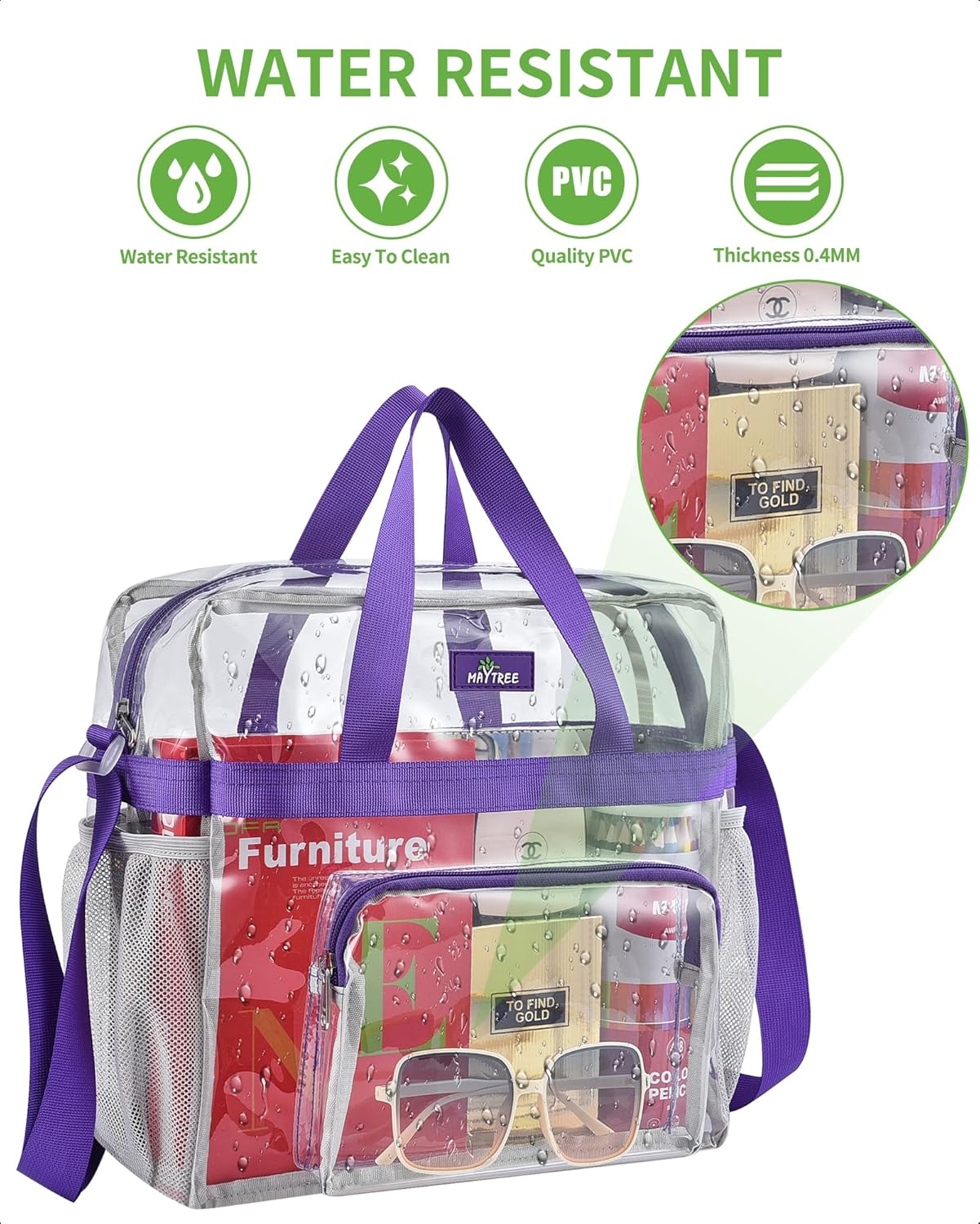MAY TREE Clear Bag for Stadium Events, 12×5.5×12 Clear Tote Lunch Bag with Non-detachable Reinforced Straps for Work, Sporting Events and Gym, Black