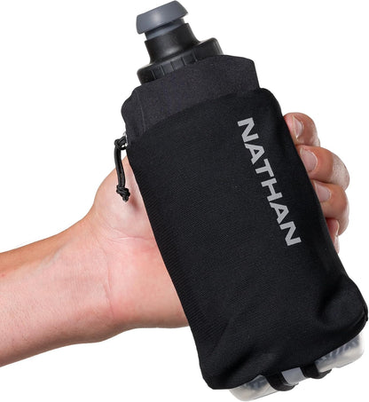 Nathan SpeedDraw 2 Insulated Handheld Running Water Bottle Flask 18oz – Double-Wall Insulation, Ergonomic Grip, Blast Valve Cap, Phone & Key Storage Pockets, Reflective Design