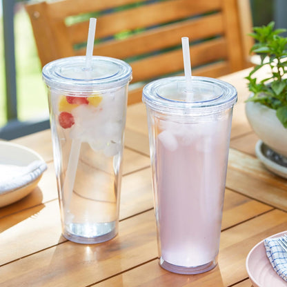 24oz Double Wall Plastic Tumblers with Lids and Straws | Large Classic Travel Tumbler | 4 Pack Set of 4 | Clear Reusable Cups with Straws | BPA Free
