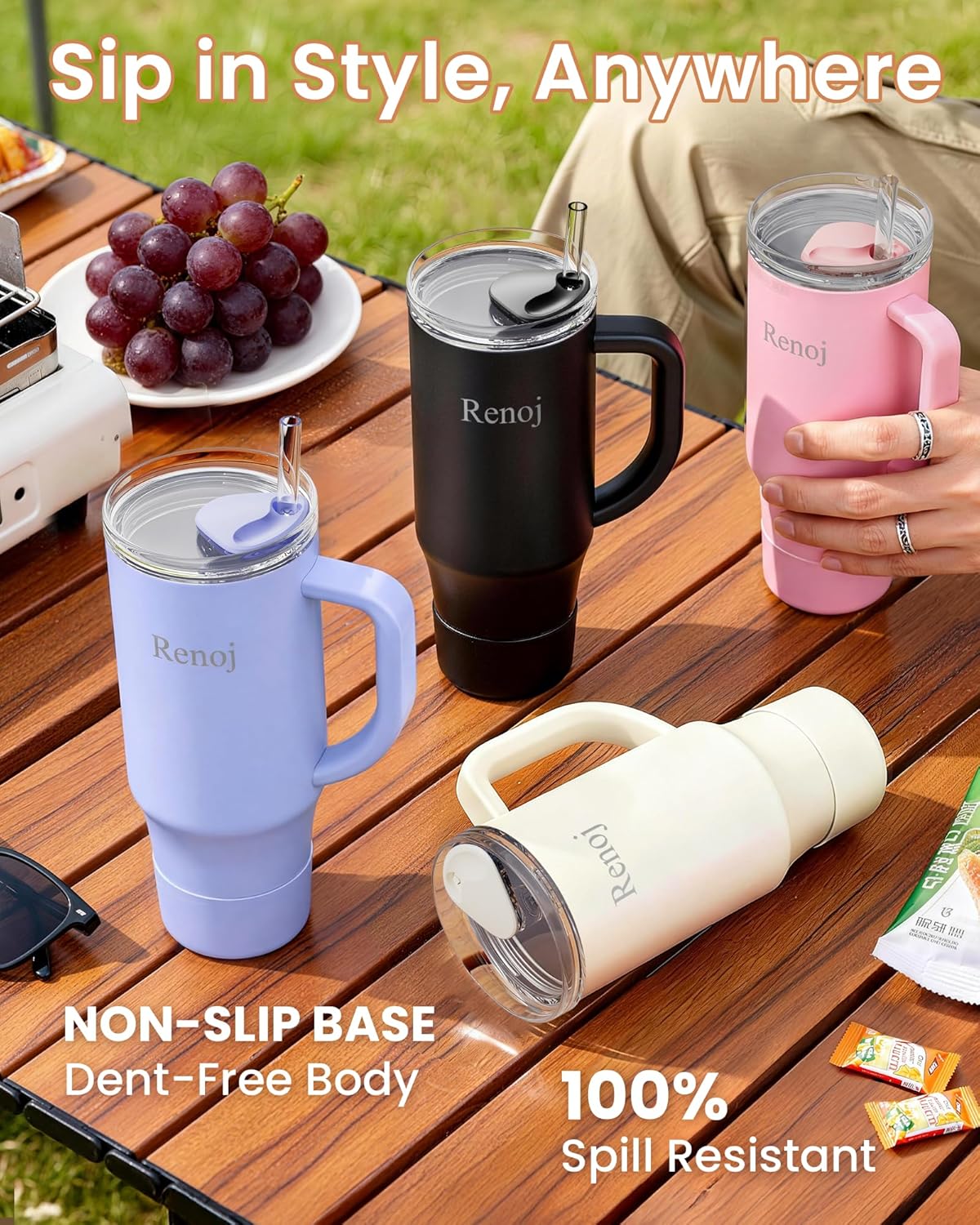 Renoj Insulated Mug 100% Leak Proof Insulated Water Bottle for Iced Coffee & Hot Drinks - Fits Car Cup Holder, Ideal Gift, 2 Straws & Silicone Boot - SnapShift Pink 32 oz