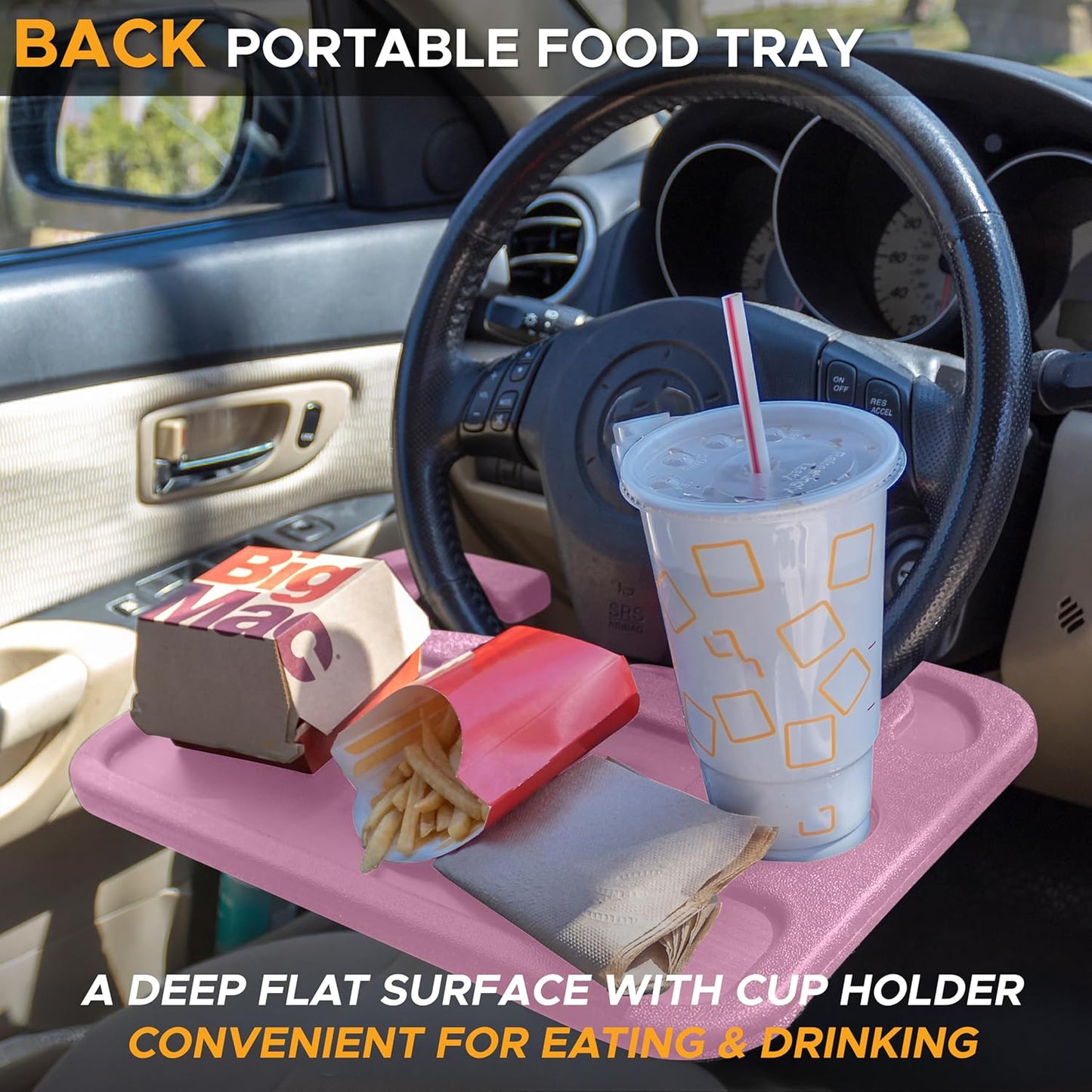 EcoNour 2 in 1 Car Steering Wheel Desk | Tray for Laptop Car Mount with Pen Holder | Desk Console for Car | Food Tray for Eating with Drinks Holder | Multipurpose Travel Car Accessories