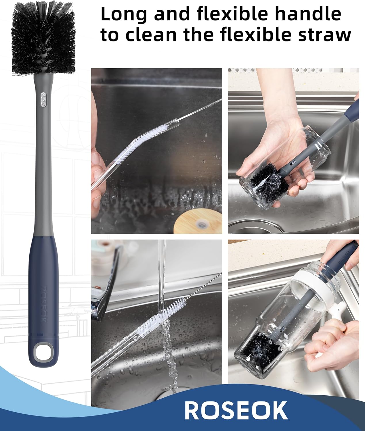 ROSEOK 2 in 1 Long Handle Bottle Brush with Straw Brush for Cleaning Glass, Sports Bottle, Coffee Mug,Navy Blue,1 Pack