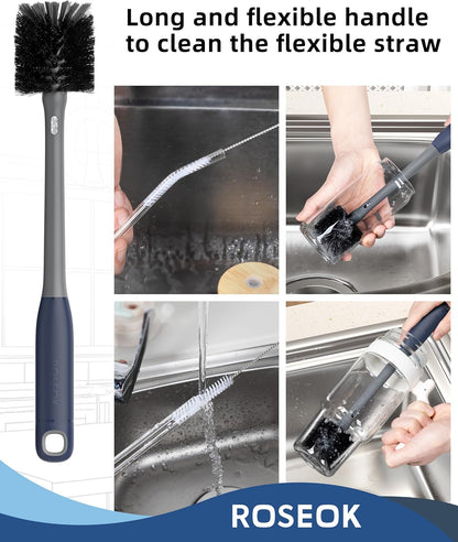 ROSEOK 2 in 1 Long Handle Bottle Brush with Straw Brush for Cleaning Glass, Sports Bottle, Coffee Mug,Navy Blue,1 Pack