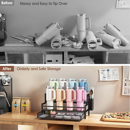 Water Bottle Organizer for Full Stanley 40 oz Tumbler with Handle, 2 Tier Tumbler Organizer for 8 Cups, Kitchen Pantry Organizers and Storage for Owala Stanley Cup Accessories, Brown