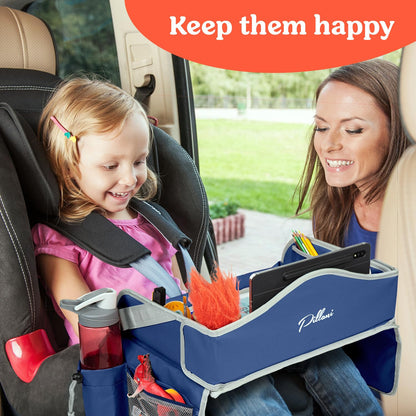 PILLANI Kids Travel Tray for Car - Car Seat Tray with Activity Sheets & Pens, Road Trip Essentials for Car & Airplane, Must Have Toddler Travel Lap Desk Accessories - Road Trip Activities for Kids