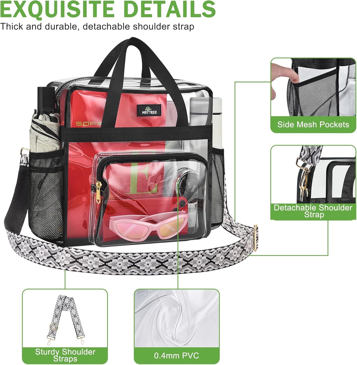 MAY TREE Clear Bag for Stadium Events, 12×5.5×12 Clear Tote Lunch Bag with Non-detachable Reinforced Straps for Work, Sporting Events and Gym, Black