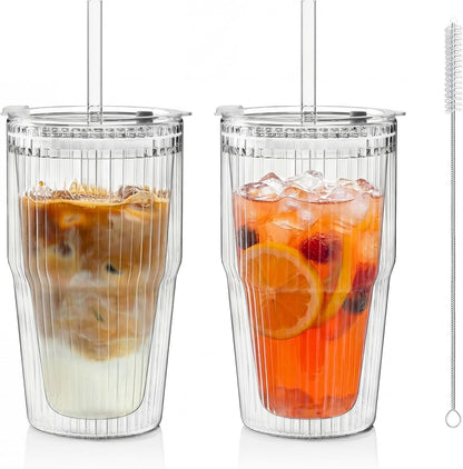 KEMORELA 16oz Ribbed Double Wall Glass Cups with Lid and Straw 2PCS, Coffee Bar Accessories，Insulated Borosilicate Glass Tumblers, To Go Iced Coffee Cups, Spill proof tumbler,tumblers & water glasses