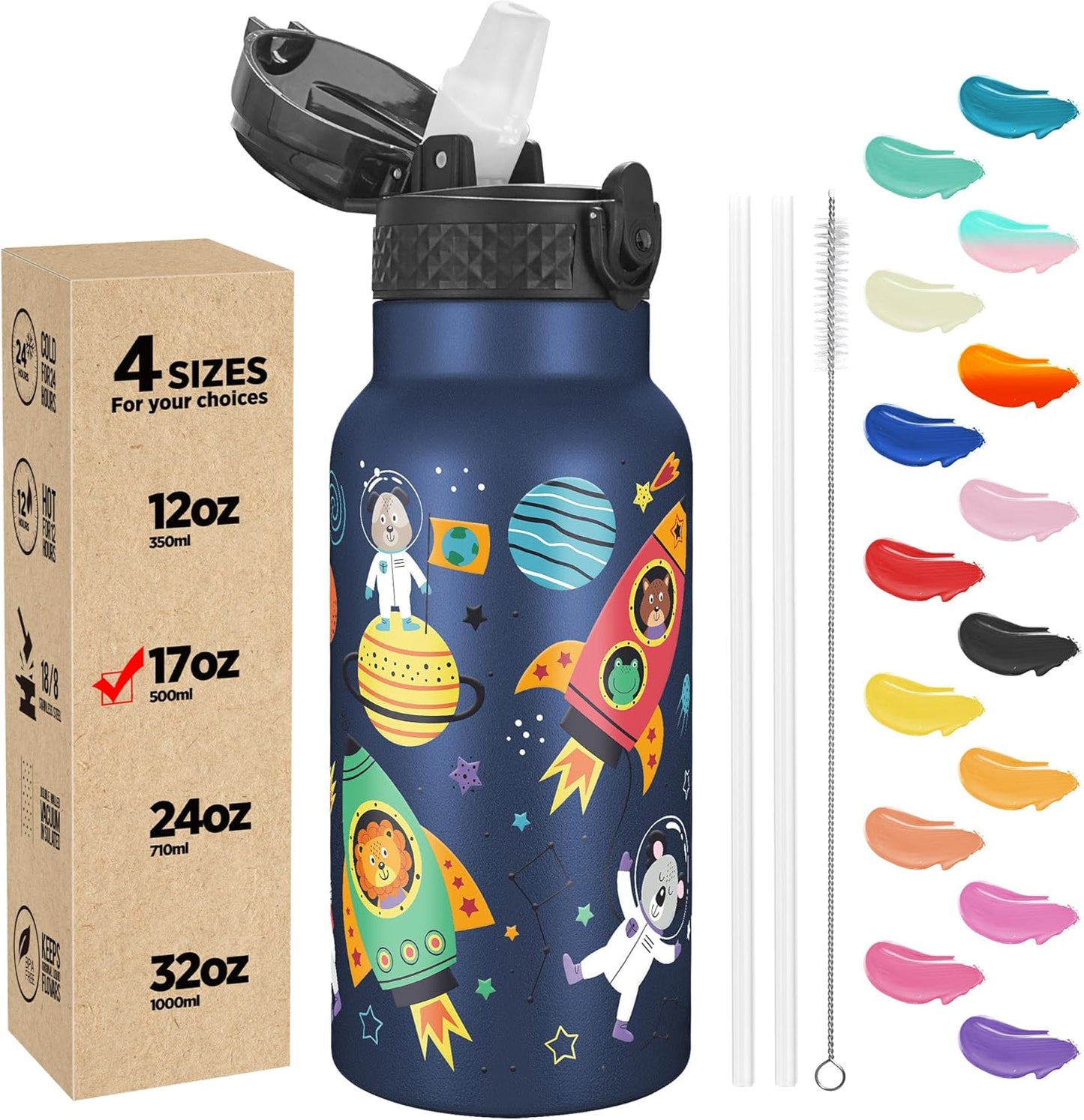 Han's Bottle Sports Water Bottle - 24 Oz, Straw Lid, Leak Proof, Vacuum Insulated Stainless Steel, Double Walled, Thermo Mug,Black