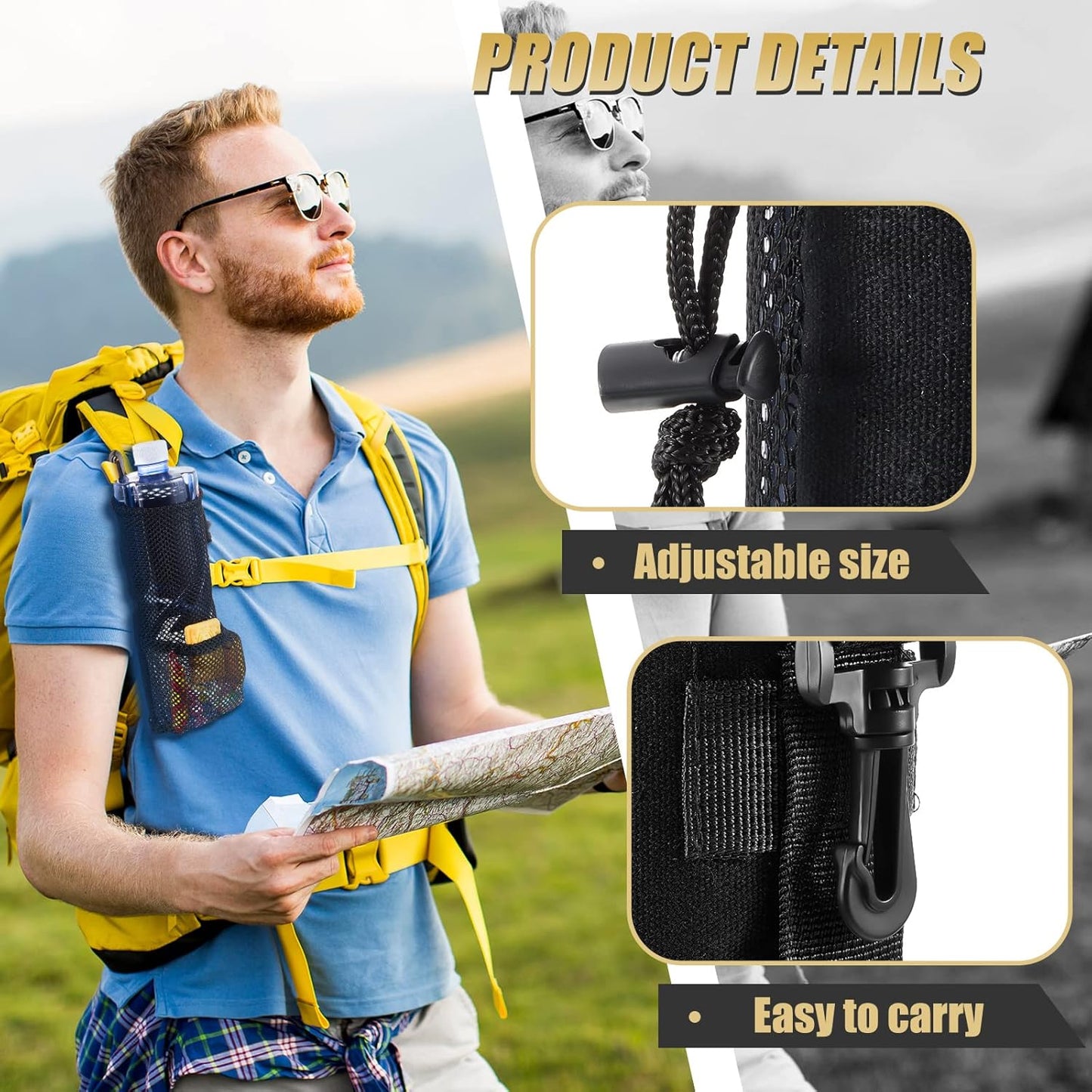 Riakrum 2 Pcs Water Bottle Holder for Backpack Foldable Mesh Water and Snack Holder Adjustable Pouch Tactical Attachments Bottle Carrier for Hiking Bicycle(Black)