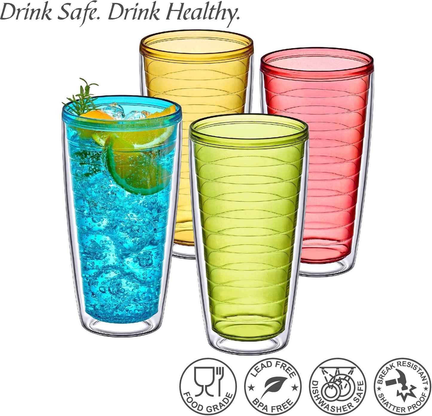 Amazing Abby - Alaska - 24-Ounce Insulated Tumblers (Set of 4), Double-Wall Drinking Glasses, Mixed-Color Reusable Cups, BPA-Free, Shatter-Proof, Dishwasher-Safe