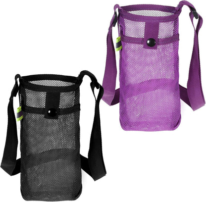 2 PCS Mesh Water Bottle Carrier with Adjustable Shoulder, Water Bottle Holder with Strap, Light Bottles Sling Bag for Hiking, Walking, Camping, Travel (Purple, Black)
