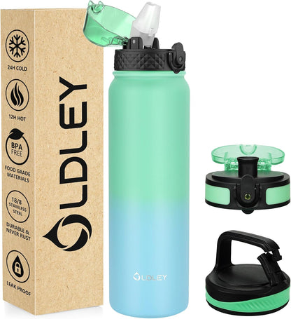 Oldley Insulated Water Bottle 20oz for Adults Kids Stainless Steel Water Bottles with Straw/Chug/Carabiner 3 Lids Fruit Strainer Double Wall Vacuum Wide Mouth BPA Free Leak-Proof for School Travel