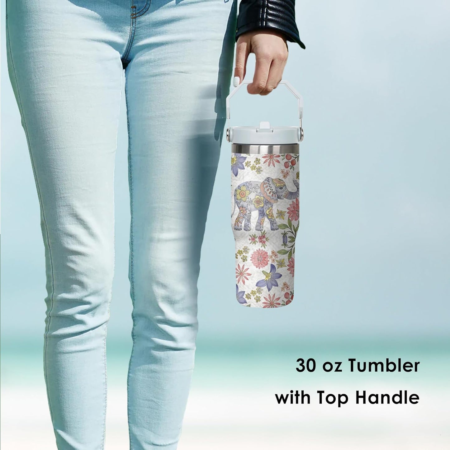 30 oz Peacock Blue Flip Straw Tumbler with Top Handle for Peacock Blue Lover Resuable Vacuum Insulated Flip Top Water bottle for Home Office Car