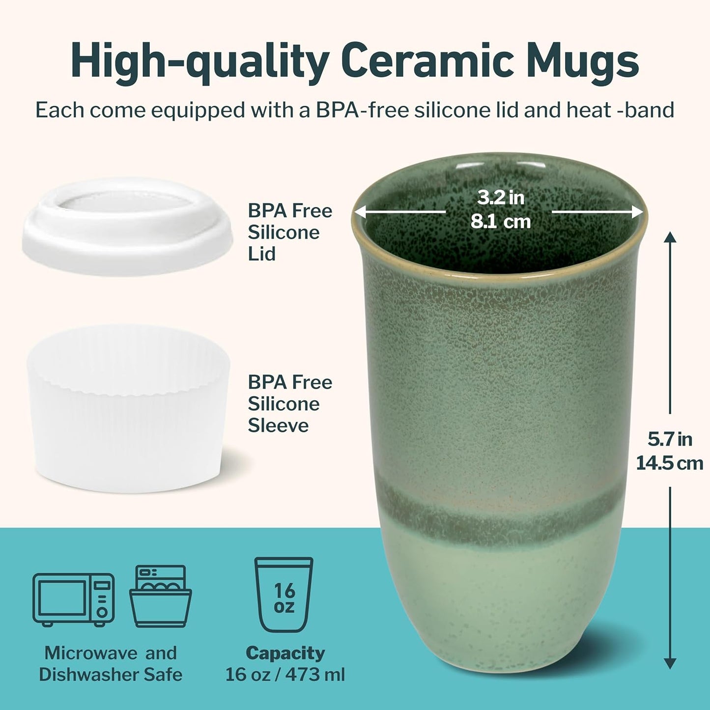 NOVA CERAMICS Coffee Tumbler – Travel Mug - On the Go Coffee Mug – Microwave & Dishwasher Safe Green Coffee Tumbler - Gifts For Women Men Him Her – 16oz – Monsoon