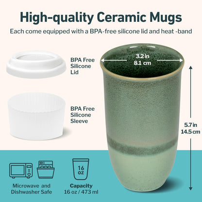 NOVA CERAMICS Coffee Tumbler – Travel Mug - On the Go Coffee Mug – Microwave & Dishwasher Safe Green Coffee Tumbler - Gifts For Women Men Him Her – 16oz – Monsoon
