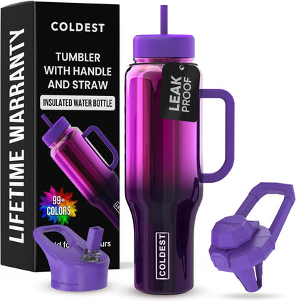 Coldest Tumbler with Handle and Straw - 100% Spill Proof Tumbler with Straw (3 Lids) - Stainless Steel Insulated Leakproof Tumblers for Women & Men - Cup Holder Friendly - 46 oz (Purple Nova) - Colors A