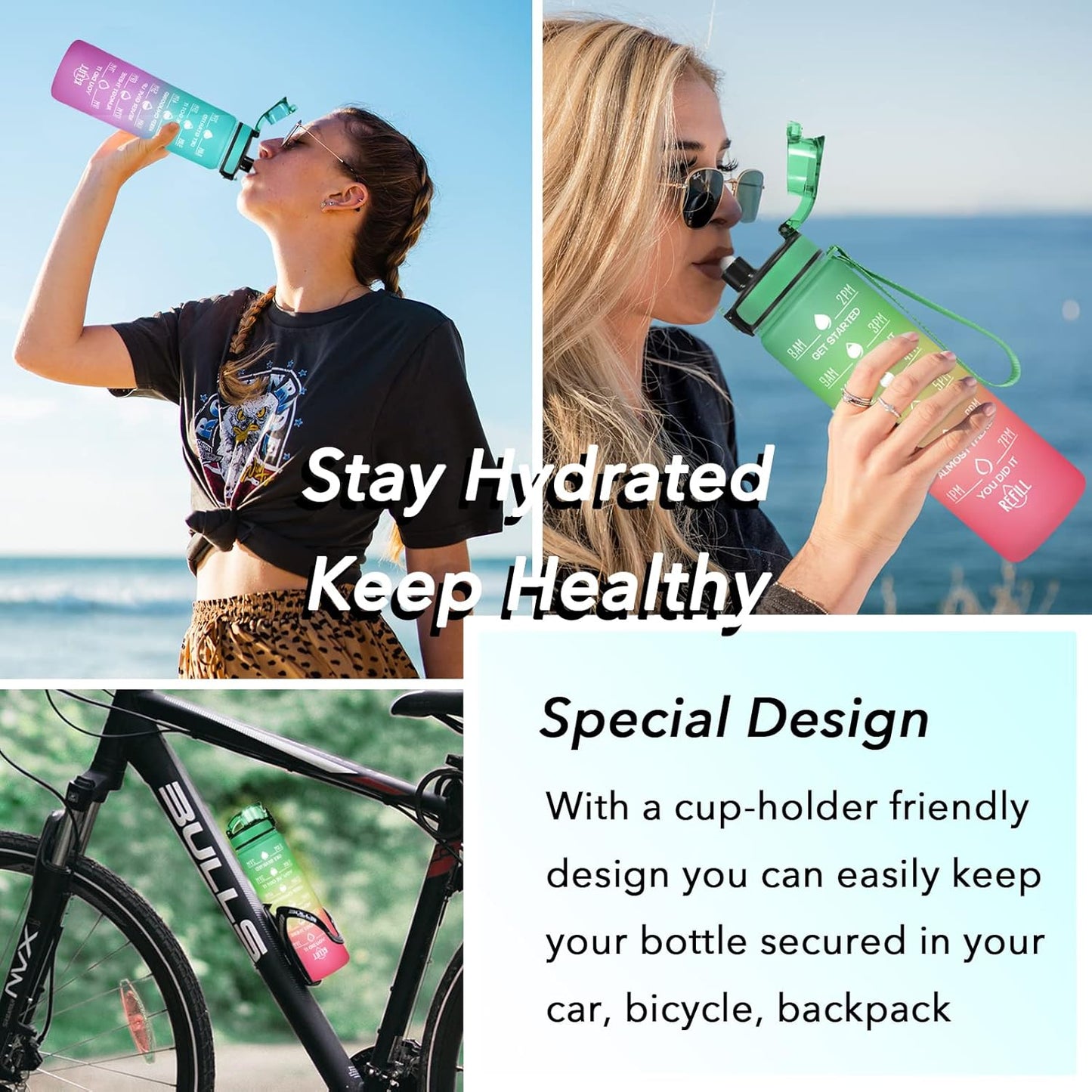 Enerbone Water Bottle, Leakproof BPA & Toxic Free, Motivational Water Bottle with Times to Drink and Straw, Fitness Sports Water Bottle with Strap for Office, Gym, Outdoor Sports